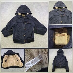 VTG Y2K Hollister Jacket Womens Large Blue Faux Fur Lined Hooded Bomber Full Zip